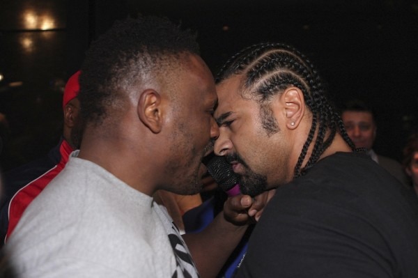 Former WBA heavyweight champion Haye and Chisora confront each other before a brawl during a news conference following the WBC heavyweight bout between Klitschko and Chisora in Munich