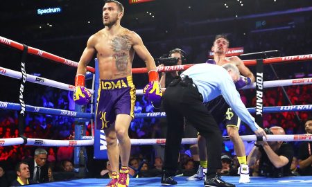 Vasiliy Lomachenko scored an emphatic fourth-round knockout of Anthony Crolla on April 12.