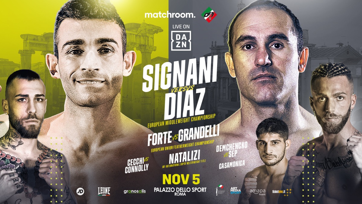 Matteo Signani will defend his EBU European Middleweight Title against Ruben Diaz at the Palazzo dello Sport Roma on Friday November 5, live around the world on DAZN.